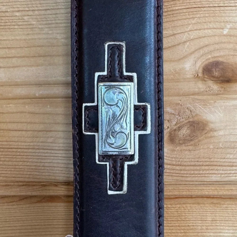 Resistol Belt Genuine Full Grain Leather Brown Silver Buckle Geometric 44/110
